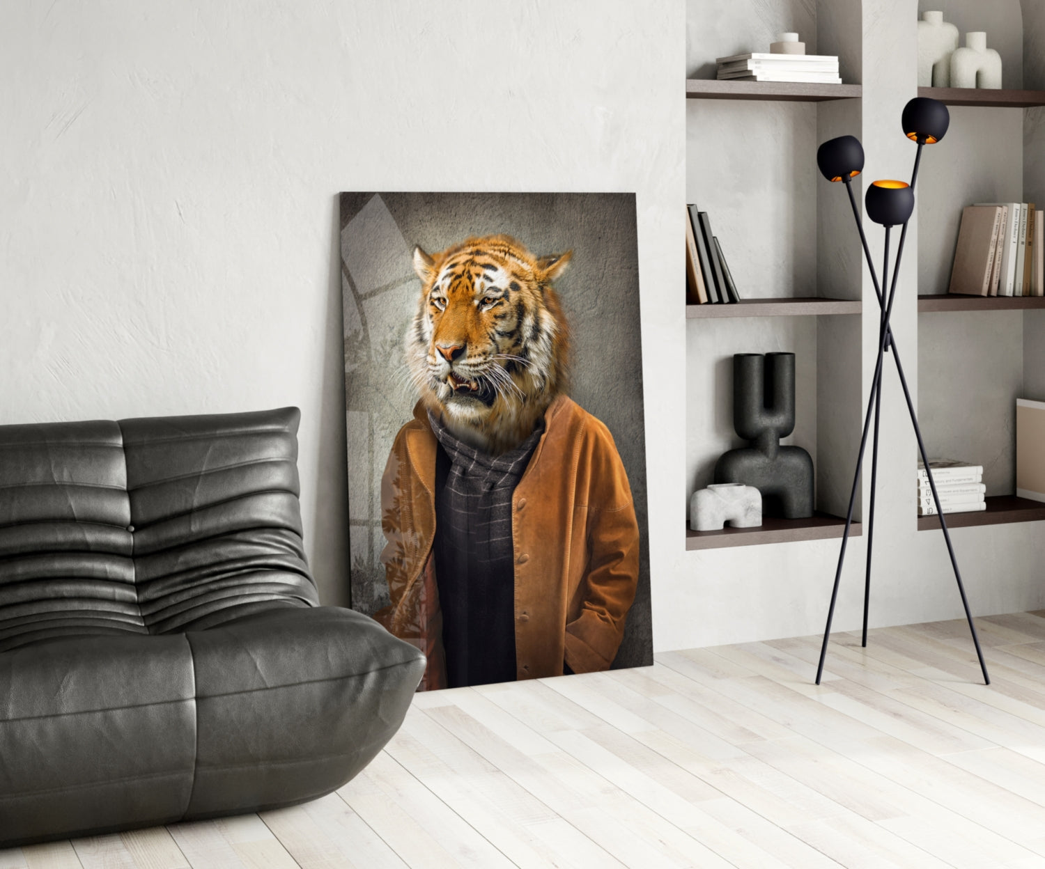 Tiger head glass wall art displaying anthropomorphic tiger wearing orange jacket and checkered shirt, leaning against modern living room wall.