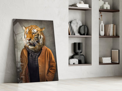 Tiger Head Glass Wall Art leaning against white wall beside built-in shelving with decorative objects and books.