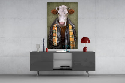 Ox Head Glass Wall Art displayed above a dark gray console table, featuring a white cow wearing a black leather jacket and yellow plaid scarf against a green background.