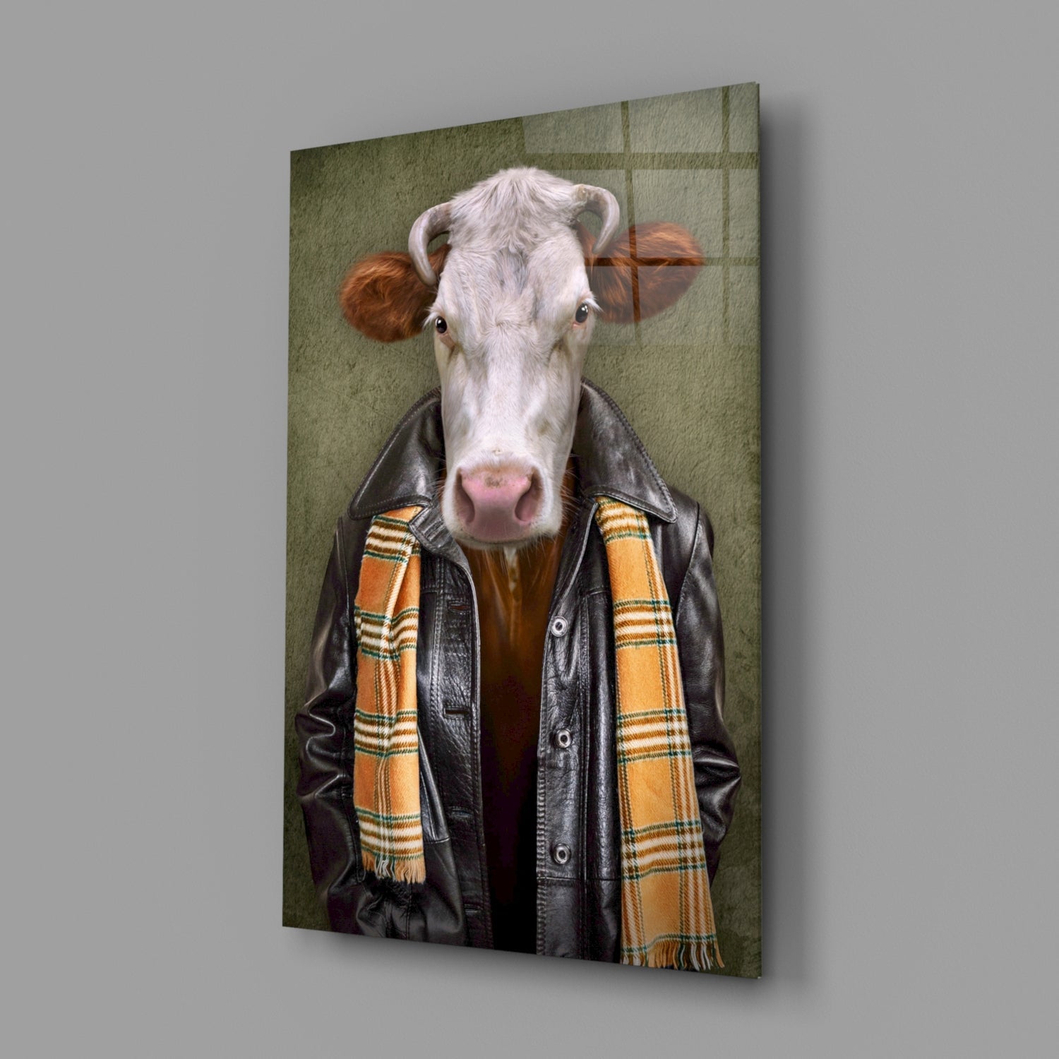 A cow with white and brown markings wearing a black leather jacket and orange plaid scarf against a green textured background on glass.