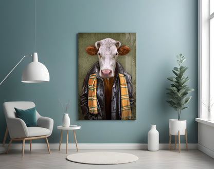 Ox Head Glass Wall Art displayed on teal wall above white chair, showing white cow with brown ears wearing brown leather jacket and yellow plaid scarf.