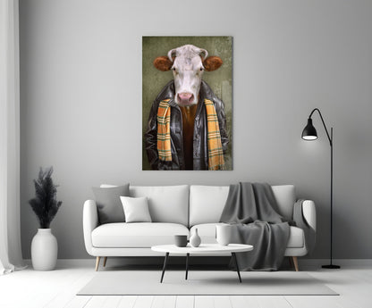 Glass wall art depicting a cow with white face and brown ears wearing a black leather jacket and yellow plaid scarf, displayed above a white sofa in a modern living room.