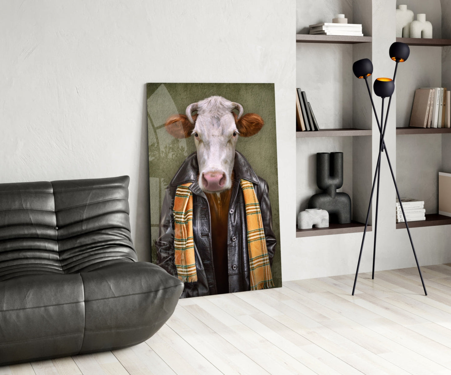 Stylized portrait of a white cow wearing a black leather jacket and orange plaid scarf, displayed as glass wall art in a modern living room setting.