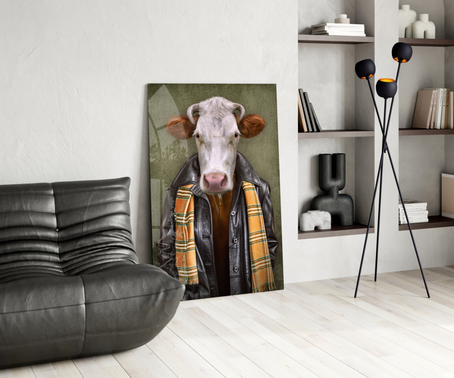 Stylized portrait of a white cow wearing a black leather jacket and orange plaid scarf, displayed as glass wall art in a modern living room setting.
