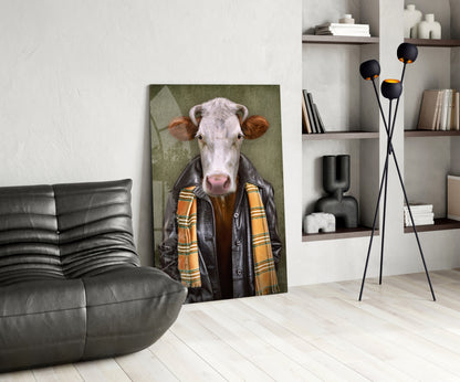 Stylized portrait of a white cow wearing a black leather jacket and orange plaid scarf, displayed as glass wall art in a modern living room setting.