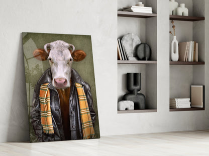 Leaning glass wall art depicting a cow wearing a black leather jacket and orange plaid scarf against olive green background, displayed in modern interior with white shelving unit.