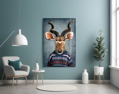 Deer Head Glass Wall Art depicting an antelope wearing a navy patterned sweater, displayed in a modern room setting with teal walls.