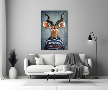Deer Head Glass Wall Art displayed above white sofa in modern living room setting, showing antelope wearing patterned sweater against blue background.