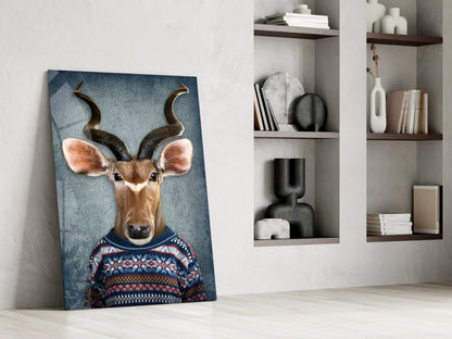 Deer Head Glass Wall Art leaning against white wall beside built-in shelving, displaying antelope in patterned sweater on blue background.