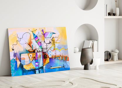 Cubist Harbor Sailboats Glass Wall Art