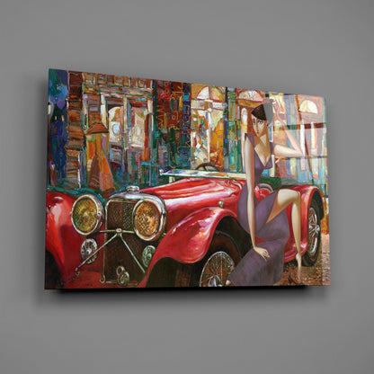 Purple Dress Woman Red Vintage Roadster Glass Wall Art