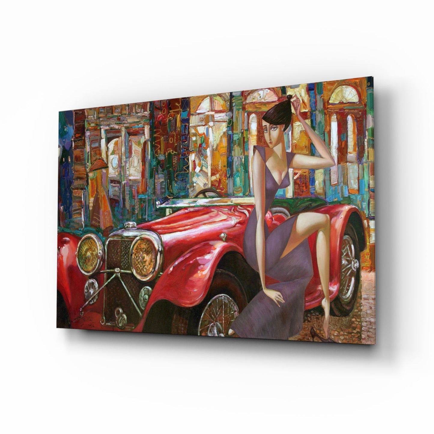 Purple Dress Woman Red Vintage Roadster Glass Wall Art