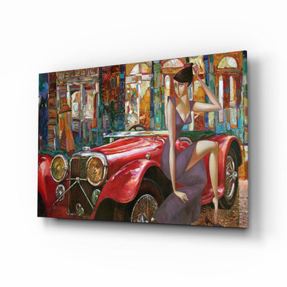 Purple Dress Woman Red Vintage Roadster Glass Wall Art