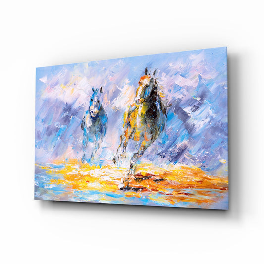Three galloping horses in blue, yellow, and orange tones rendered in impressionist style on a glass panel displayed at an angle.