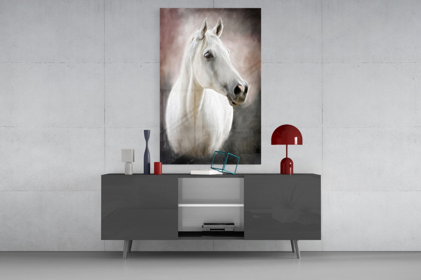 Serene White Horse Portrait Glass Wall Art