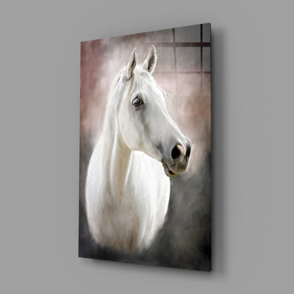 Serene White Horse Portrait Glass Wall Art