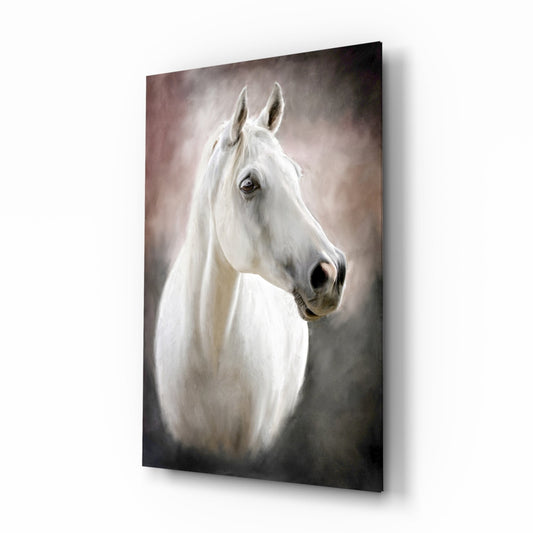 White horse profile portrait on glass wall art with soft gray and brown background, displayed at an angle.