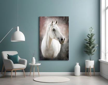 Serene White Horse Portrait Glass Wall Art