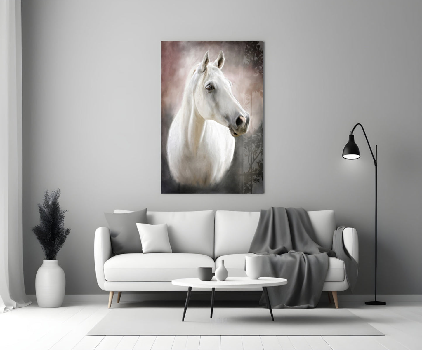 Serene White Horse Portrait Glass Wall Art