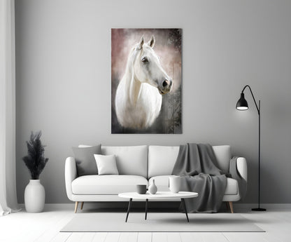 Serene White Horse Portrait Glass Wall Art