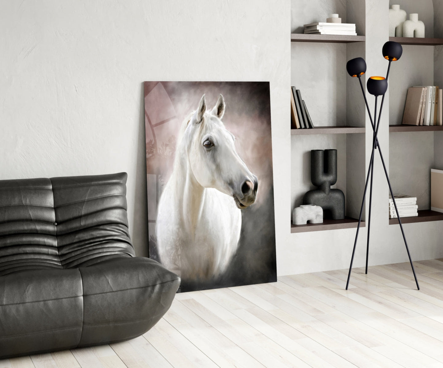 Serene White Horse Portrait Glass Wall Art