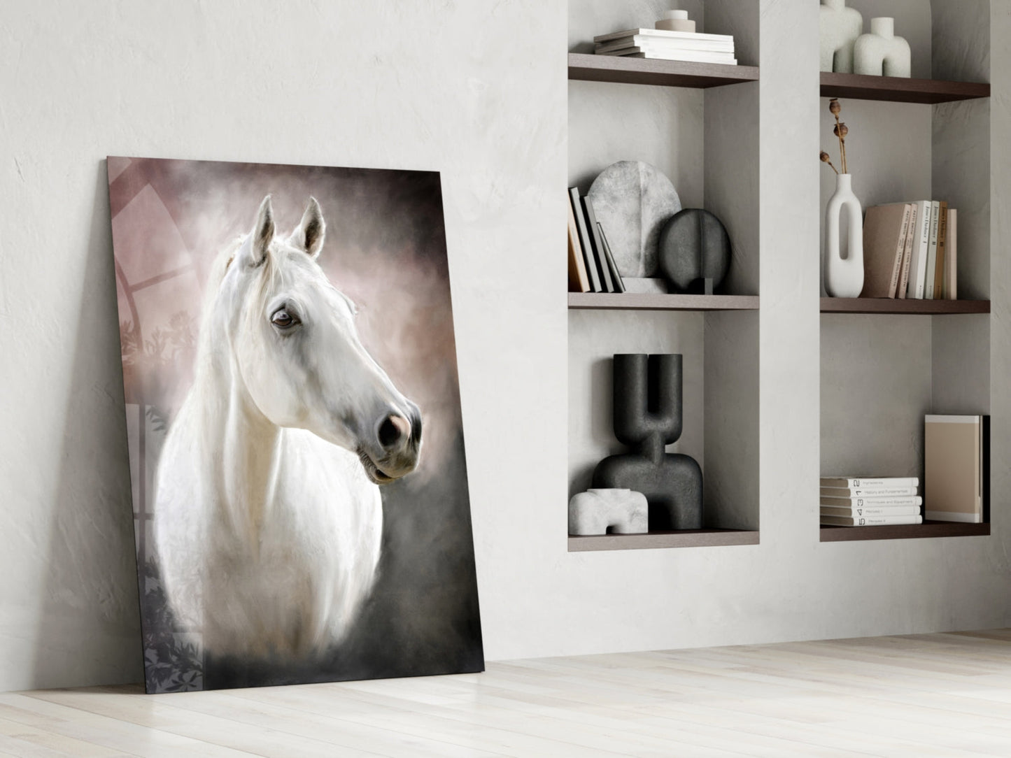 Serene White Horse Portrait Glass Wall Art