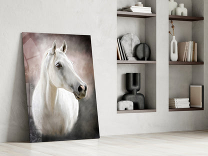 Serene White Horse Portrait Glass Wall Art