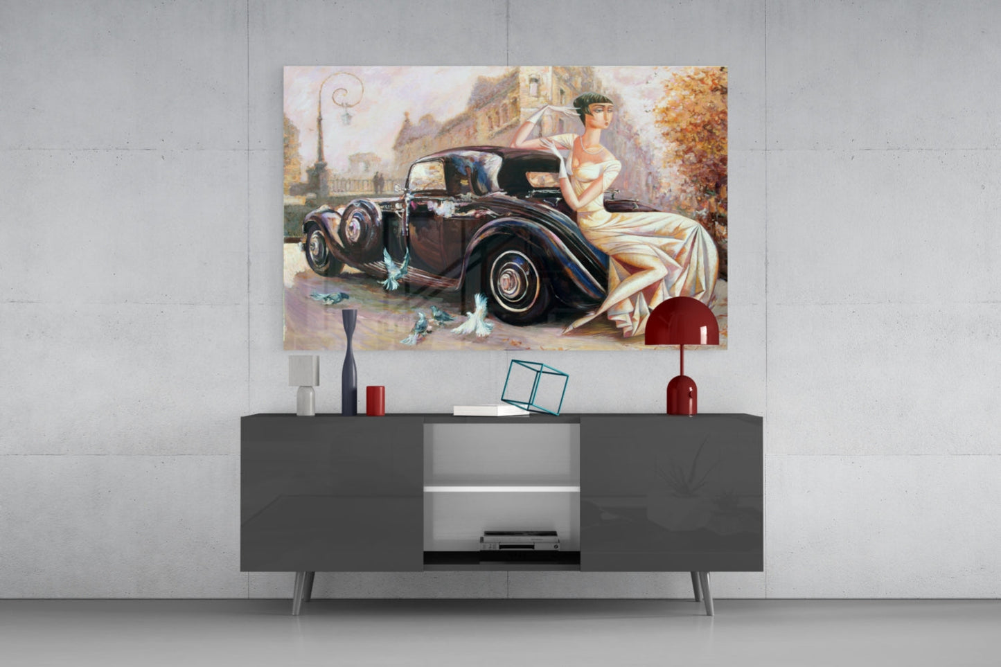 Ivory Gown Lady Black Classic Car Glass Wall Art