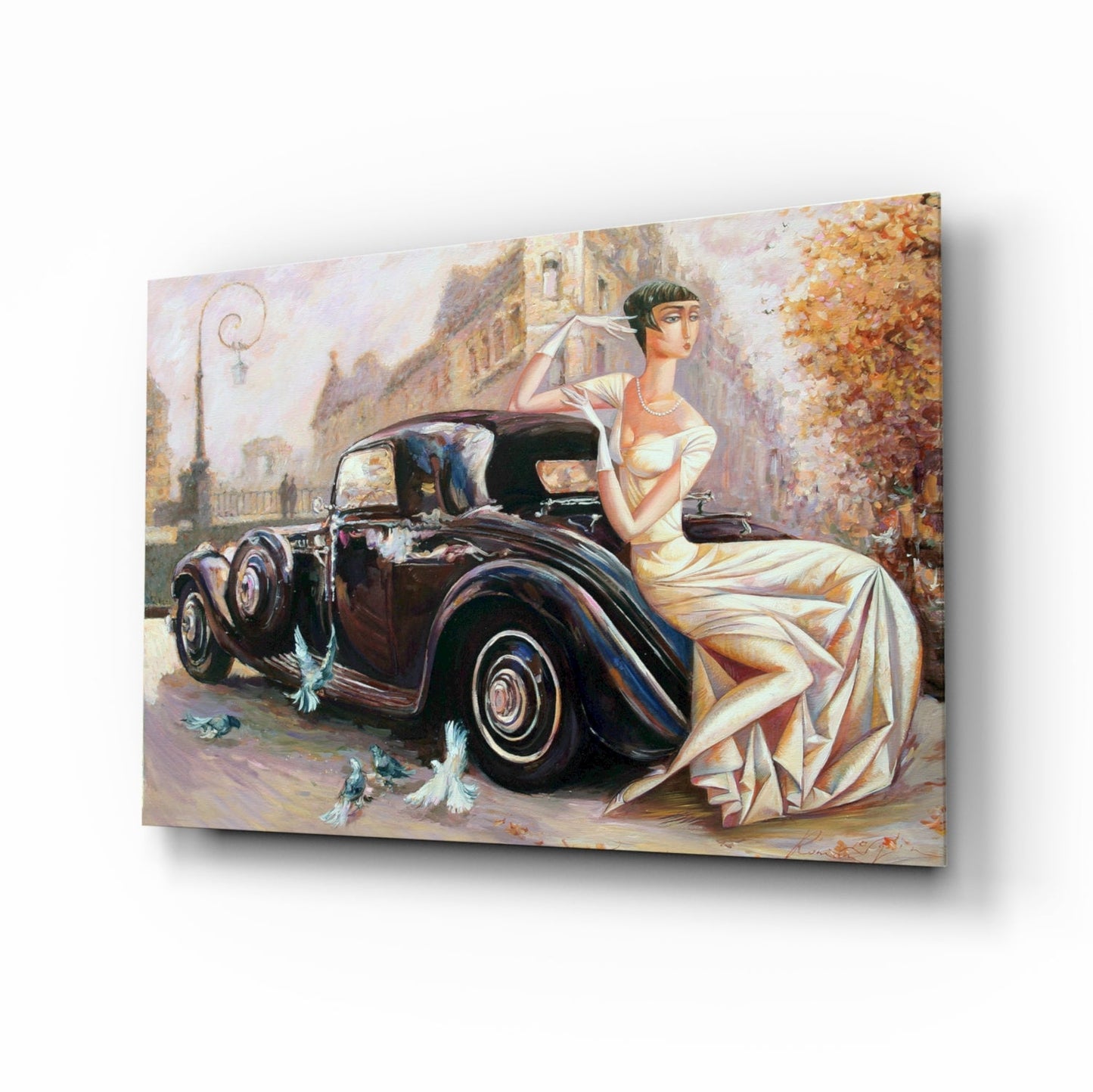 Ivory Gown Lady Black Classic Car Glass Wall Art