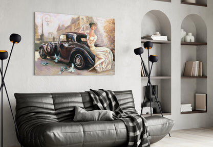 Ivory Gown Lady Black Classic Car Glass Wall Art