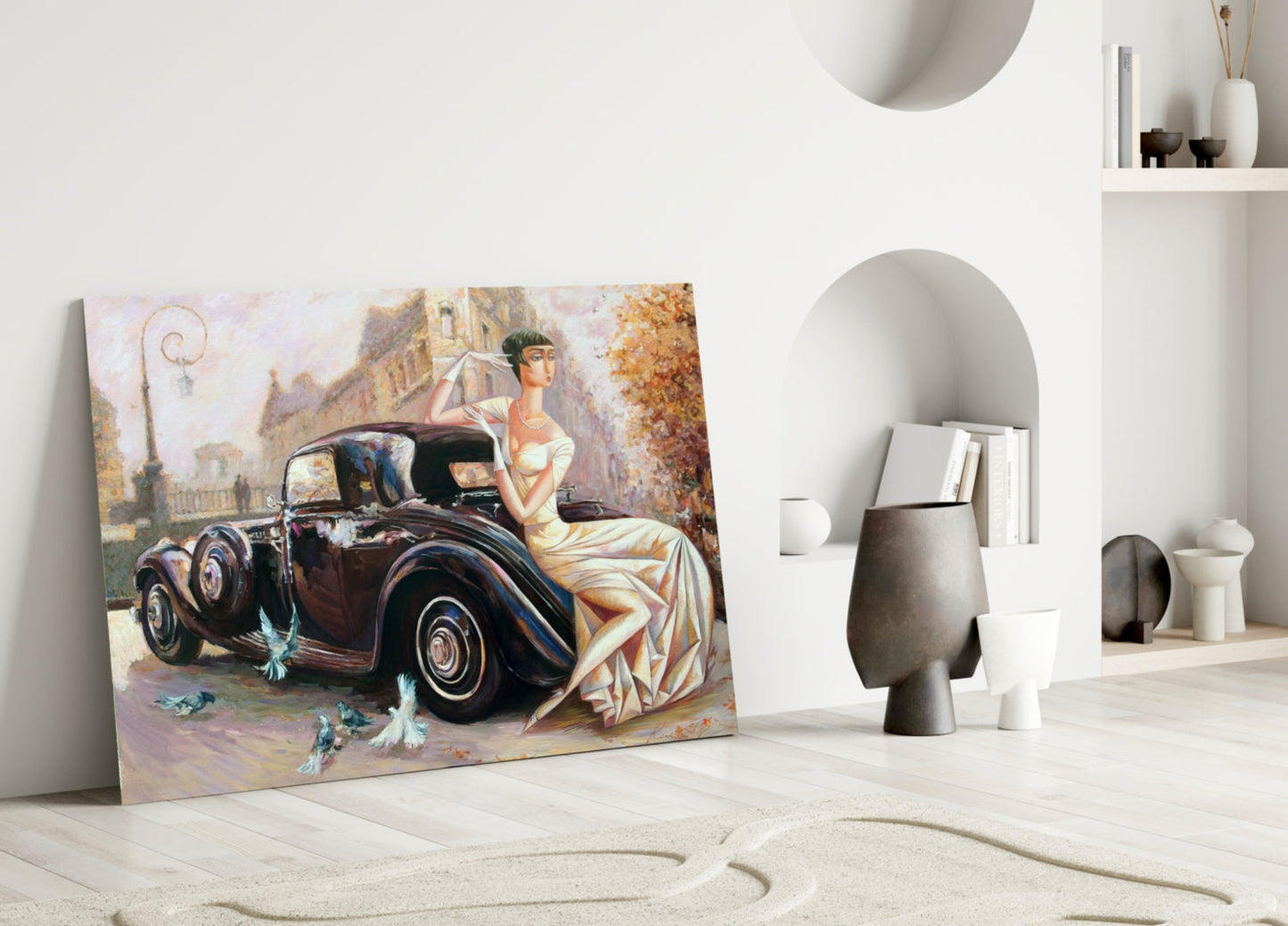 Ivory Gown Lady Black Classic Car Glass Wall Art