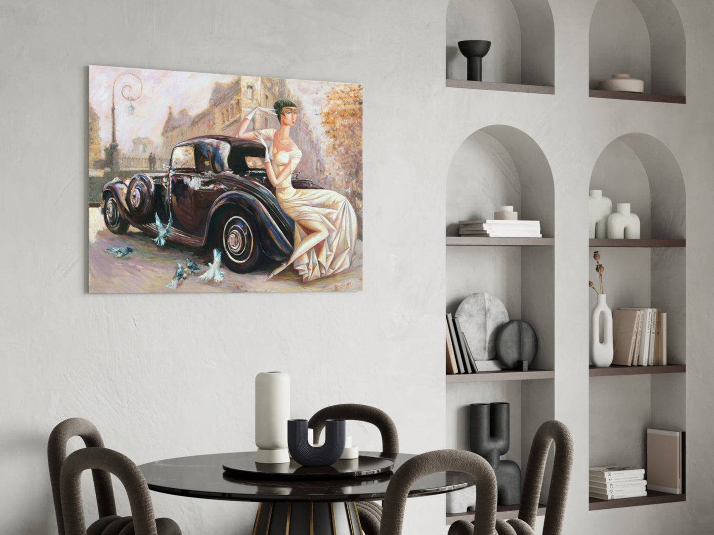 Ivory Gown Lady Black Classic Car Glass Wall Art