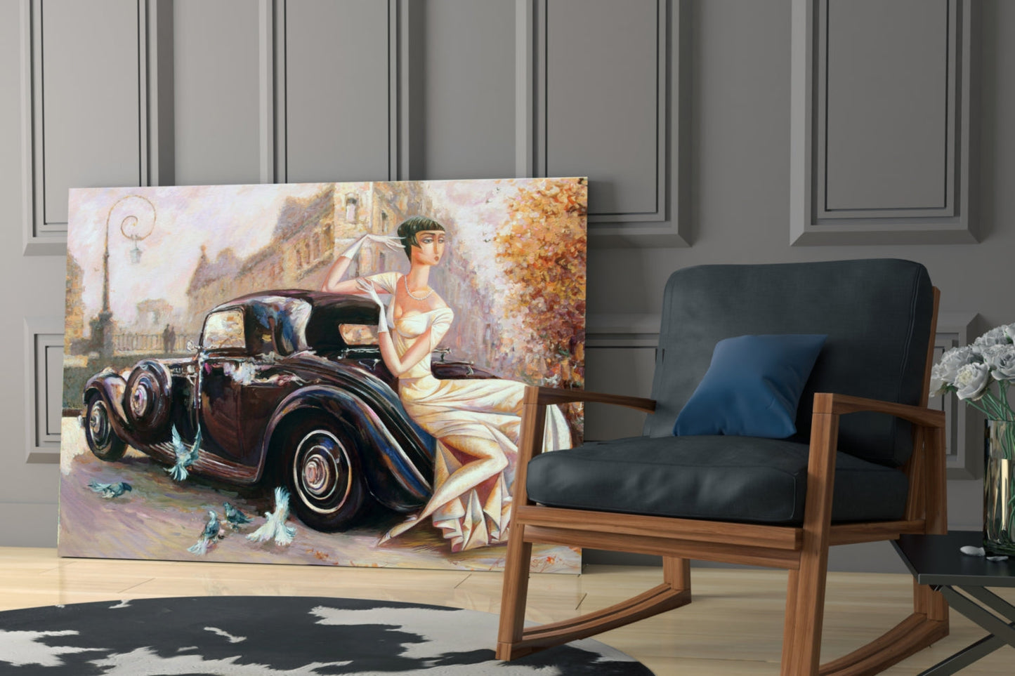 Ivory Gown Lady Black Classic Car Glass Wall Art