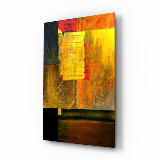 Abstract glass wall art featuring a bright yellow rectangular center block surrounded by red, orange, and dark blue-black textured sections, displayed at an angled perspective against white background.