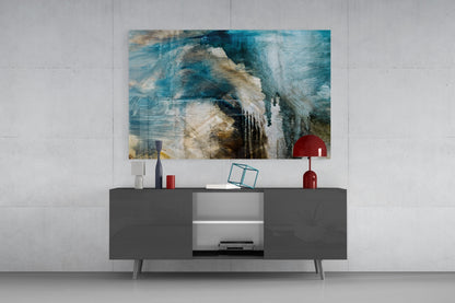 Blue and Beige Dripping Glass Wall Art