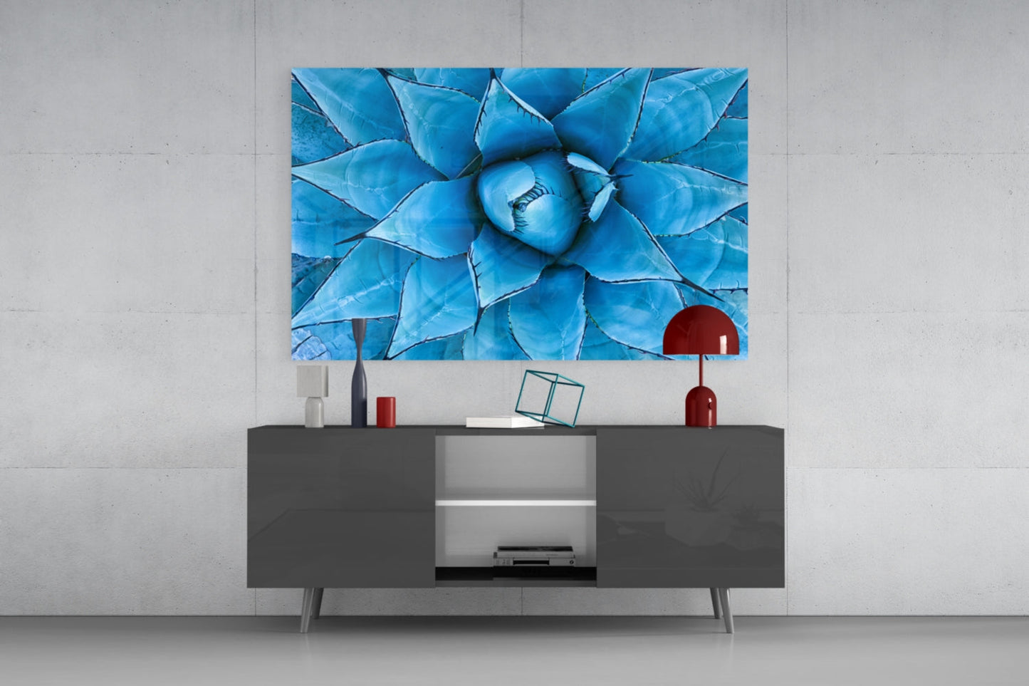 Blue Agave Succulent Rosette Glass Wall Art