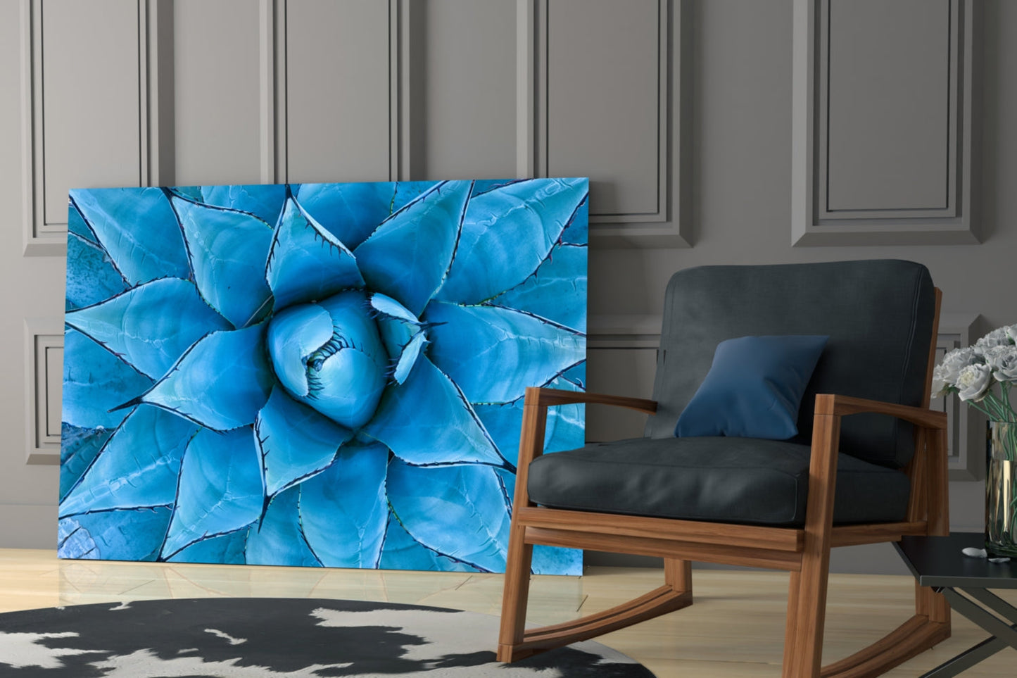 Blue Agave Succulent Rosette Glass Wall Art