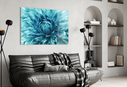 Turquoise Dahlia Petal Closeup Glass Wall Art
