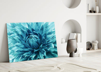 Turquoise Dahlia Petal Closeup Glass Wall Art