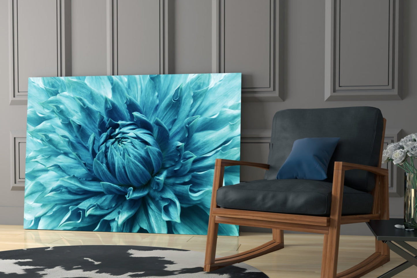 Turquoise Dahlia Petal Closeup Glass Wall Art