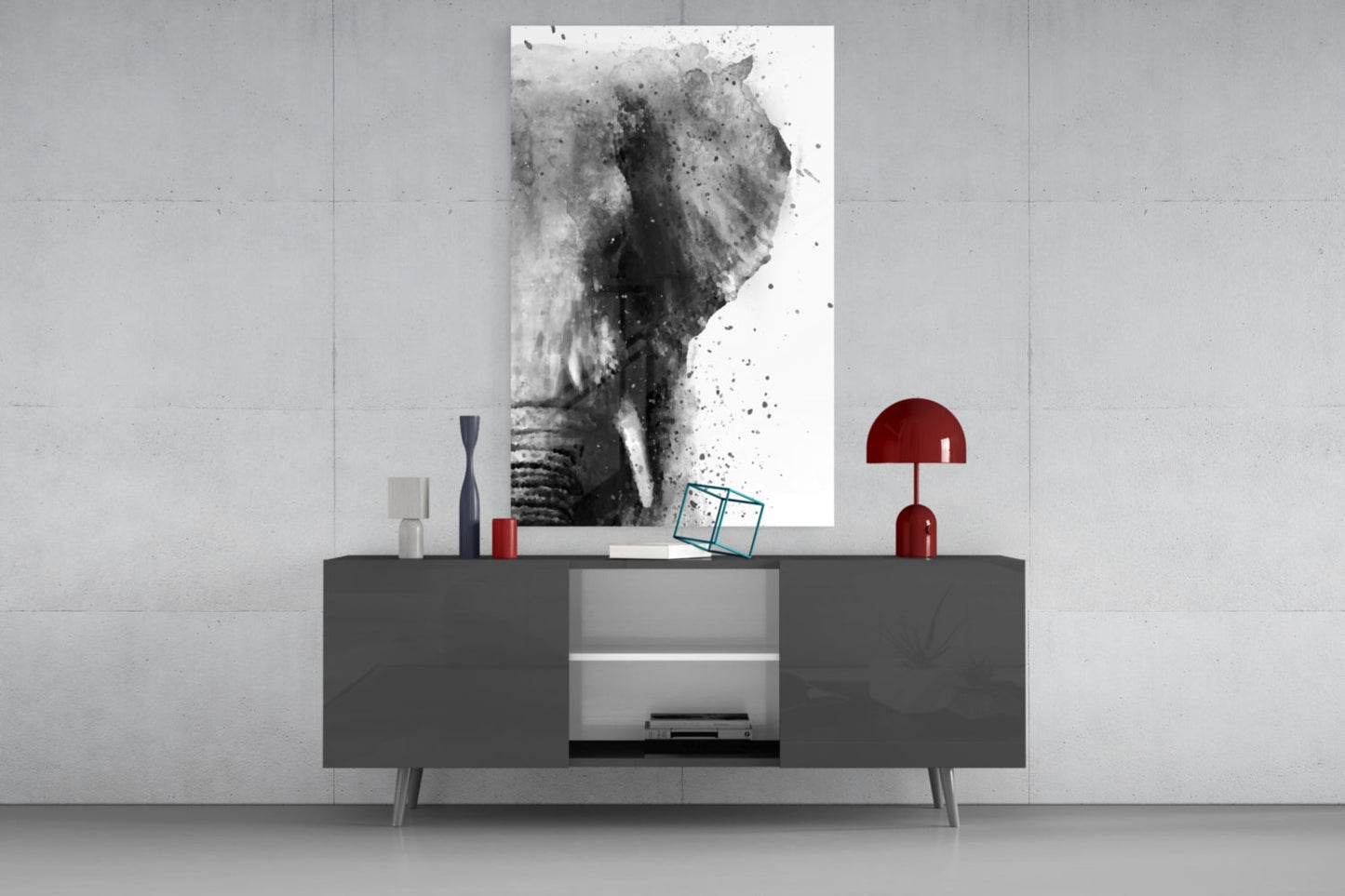 Ink Splatter Elephant Head Glass Wall Art