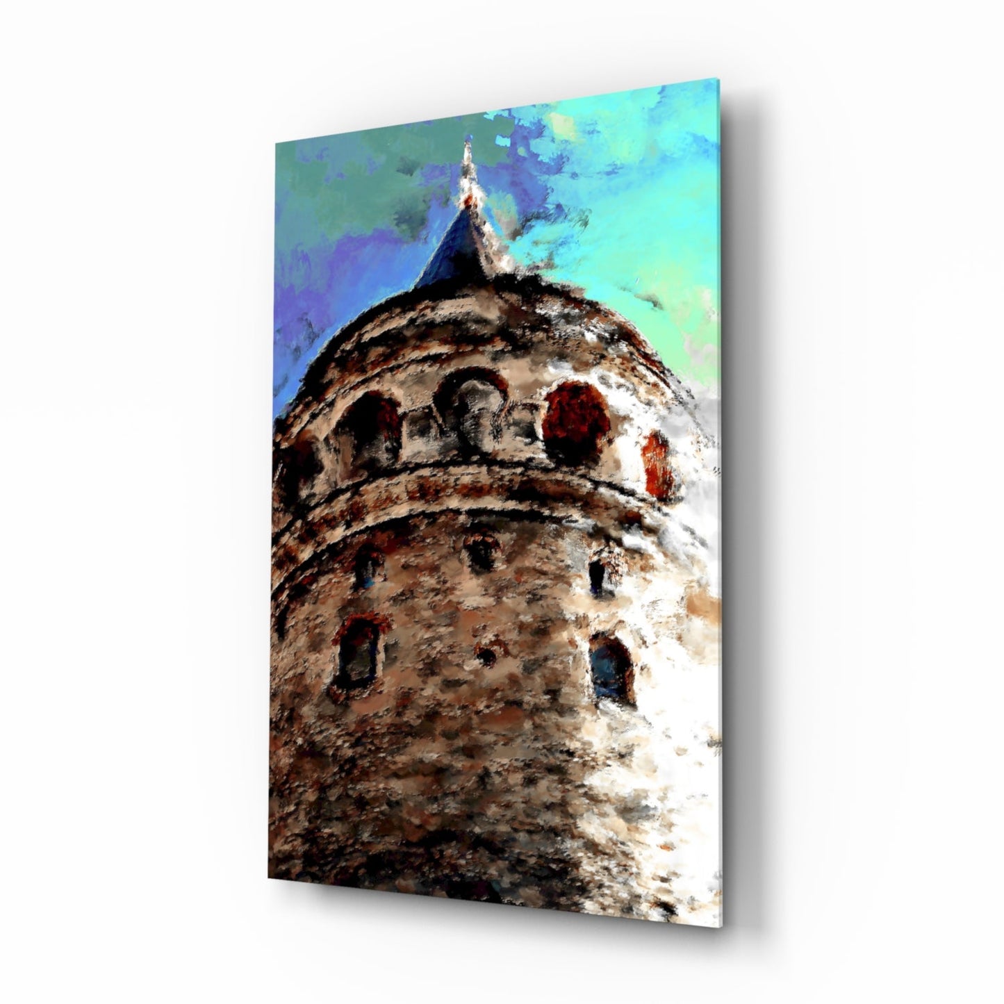 Galata Tower photographed from below against turquoise sky, displayed as glass wall art with artistic color overlay.