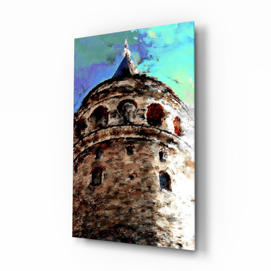 Galata Tower photographed from below against turquoise sky, displayed as glass wall art with artistic color overlay.