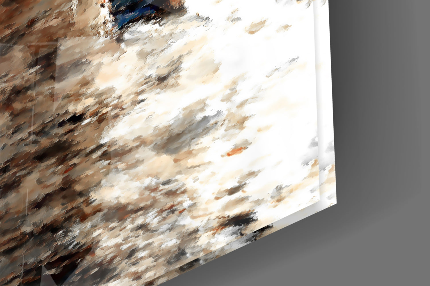 Close-up angled view of textured glass wall art with brown, white, cream, and dark blue brushstroke patterns.