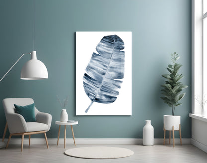 Indigo Watercolor Banana Leaf Glass Wall Art