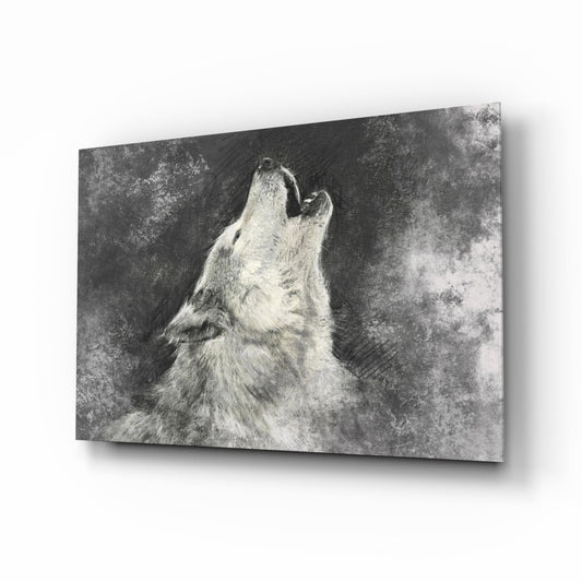 Angled perspective view of a black and white sketched howling wolf on textured glass panel mounted on white wall.
