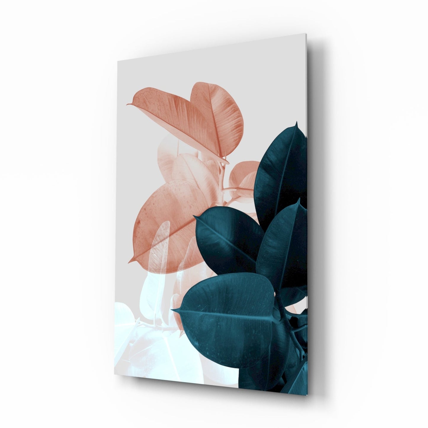 Blush Teal Rubber Plant Leaves Glass Wall Art
