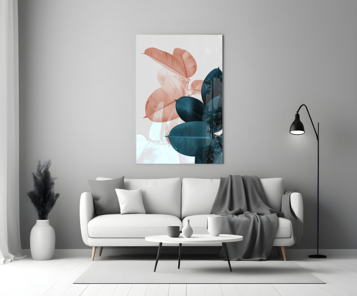Blush Teal Rubber Plant Leaves Glass Wall Art