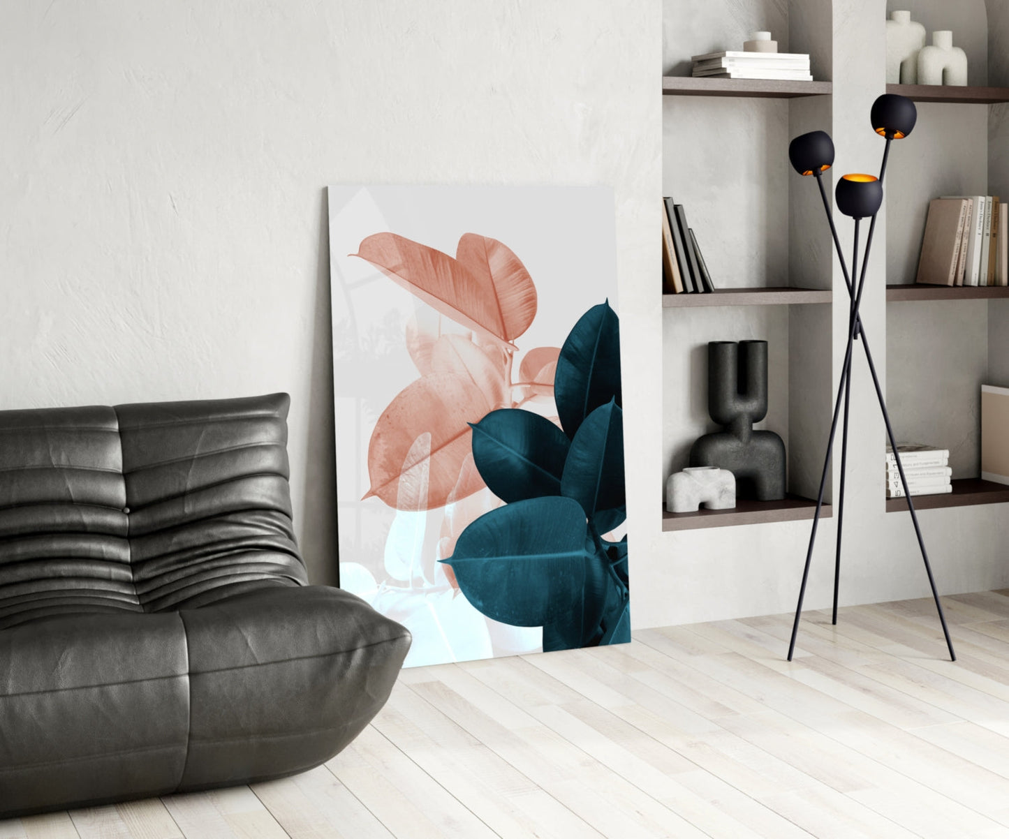 Blush Teal Rubber Plant Leaves Glass Wall Art
