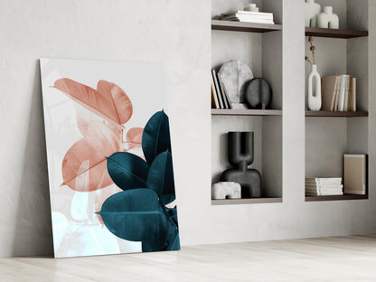 Blush Teal Rubber Plant Leaves Glass Wall Art